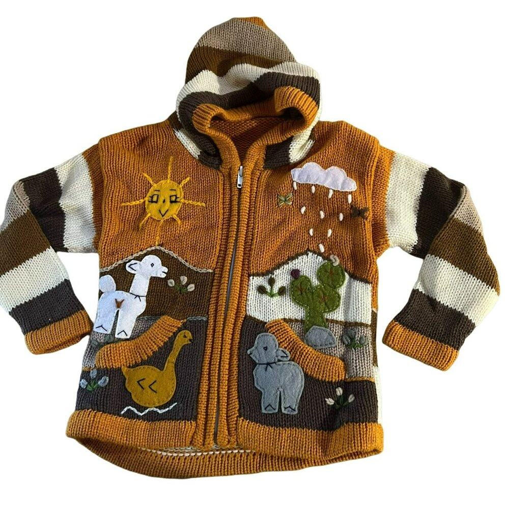 Peruvian Full Zip Applique Sweater Hoodie Jacket Knit Sweater Unisex Size 5
